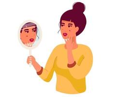 miroir à main triste jeune femme s'inquiétant de son acné sur le visage au design plat. problème de bouton sur la peau féminine. isolé sur blanc vecteur
