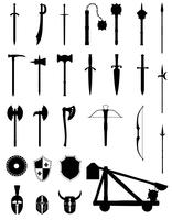 armes de bataille antique mis icônes illustration noire silhouette vecteur stock