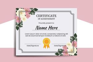 modèle de certificat rose mini rose fleur aquarelle numérique dessiné à la main vecteur