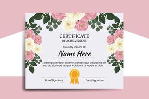 modèle de certificat rose mini rose fleur aquarelle numérique dessiné à la main vecteur