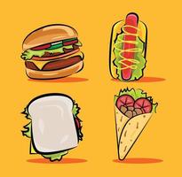 hamburger de restauration rapide, sandwich, hot-dog, kebabs, avec fond orange. illustration vectorielle vecteur