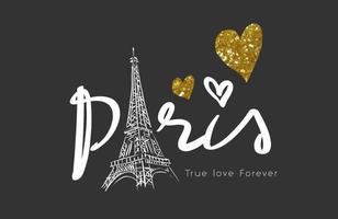 slogan paris vrai amour pour toujours avec illustration de la tour eiffel et coeur scintillant sur fond noir vecteur