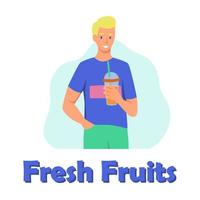 un jeune homme boit un smoothie, du jus de fruits frais, un cocktail. le concept d'une bonne nutrition, d'un mode de vie sain. illustration de dessin animé plat. vecteur