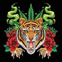 tigre en colère avec illustration de fleur de cannabis vecteur