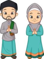 dessin animé musulman homme et femme saluant salaam vecteur