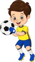 dessin animé petit garçon tenant le ballon de football vecteur