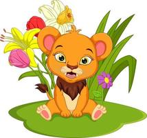 dessin animé mignon bébé lion assis dans l'herbe vecteur