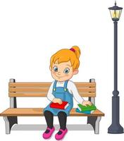 dessin animé fille heureuse assise sur un banc avec la tenue d'un livre vecteur