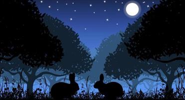 silhouette vecteur de lapins dans la nature la nuit