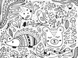 style doodle dessinés à la main. nature, animaux et éléments. illustration vectorielle. habitants de la forêt. illustration en noir et blanc. vecteur