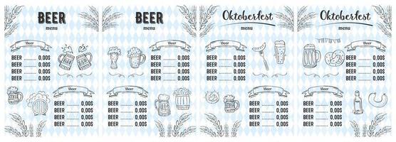 oktoberfest 2022 - fête de la bière. éléments de griffonnage dessinés à la main. fête traditionnelle allemande. fête d'octobre, bière artisanale. losange bleu-blanc. menu de bière vertical. vecteur