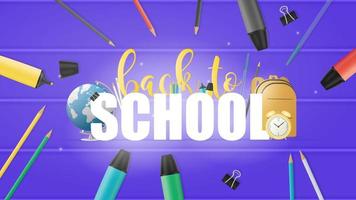bannière de retour à l'école. stylos, marqueurs, crayons, sac à dos, lettrage. vecteur. vecteur