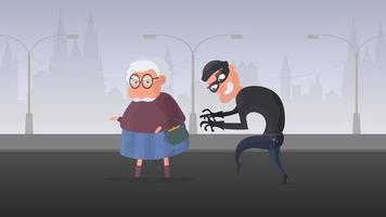 voleur et femme âgée. le voleur a volé un sac à main à une vieille femme. le concept de fraude, vol. vol dans le parc. illustration vectorielle plane de dessin animé. vecteur
