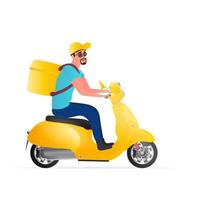 livraison de nourriture sur un scooter. un gars avec un sac à dos jaune traverse le parc. cyclomoteur jaune. vecteur
