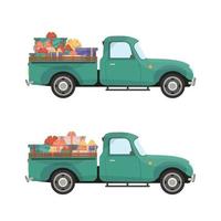 pick-up rouge. camionnette vintage avec un arbre de noël et des cadeaux dans le coffre. voiture de noël rétro. vecteur