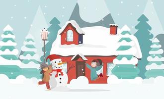 les enfants font un bonhomme de neige dans la cour. maison, arbres, montagnes, neige et hiver. vecteur.