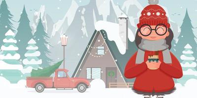 maison dans une forêt enneigée. voiture rouge avec un arbre de noël. fille avec une boisson chaude. arbres de noël, montagnes, neige. style cartoon plat. illustration vectorielle. vecteur