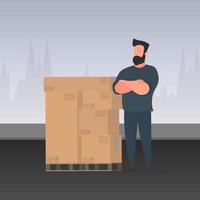 un homme se tient debout avec des boîtes en carton. concept de livraison et de camionnage. vecteur. vecteur