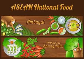 les éléments des ingrédients alimentaires nationaux de l'asean définissent une bannière sur fond de bois,brunei et vietnam vecteur