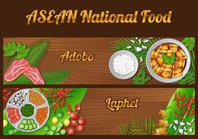 les éléments des ingrédients alimentaires nationaux de l'asean définissent une bannière sur fond de bois, le myanmar et les philippines vecteur