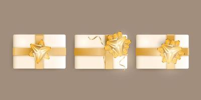 ensemble de coffrets cadeaux couleur champagne réalistes, rubans dorés et arc. illustration vectorielle. vecteur