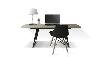lieu de travail moderne isolé sur fond blanc. table de bureau en bois, ordinateur portable, fauteuil, lampe de table. élément pour la conception de bureau. vecteur réaliste.