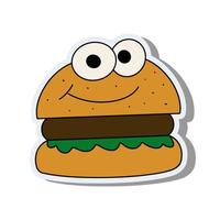 hamburger dans un style plat. autocollant de hamburger avec des yeux sur un fond blanc. adapté aux cartes postales, bannières et conceptions de médias sociaux. vecteur. vecteur