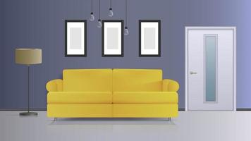 illustration vectorielle d'un intérieur. canapé jaune, porte blanche, lampadaire avec abat-jour blanc, plafonnier blanc. intérieur de vecteur réaliste.
