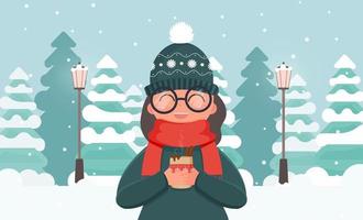 une fille en vêtements chauds tient une boisson chaude dans ses mains. forêt d'hiver avec des sapins dans un style plat. vecteur. vecteur