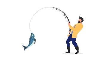 le pêcheur pêche. un homme avec une canne à pêche tire un gros poisson. notion de pêche. isolé. vecteur. vecteur