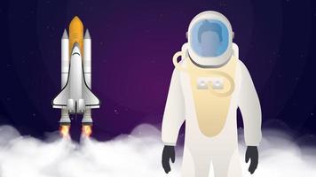 voyager dans l'espace. l'astronaute dans une combinaison de protection. bannière violette sur le thème du vol spatial. navette spatiale. combattant. le booster décolle. vecteur. vecteur