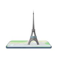 carte dans le smartphone. tour eiffel sur la carte. vecteur. vecteur