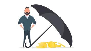 l'homme d'affaires garde le capital. un grand parapluie met l'argent à l'abri du risque et du danger. concept de bureau d'économie de capital et d'investissement. vecteur. vecteur