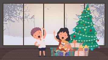l'enfant se réjouit des cadeaux sous l'arbre. arbre de noël, nombreux cadeaux, nouvel an, noël. vecteur