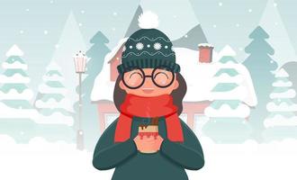 une fille en vêtements d'hiver tient une boisson chaude. maison dans une forêt enneigée. arbres de noël, montagnes, neige. illustration vectorielle.