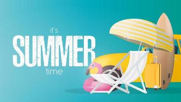 affiche bleue de l'heure d'été. parasol, chaise longue de plage, cercle de flamant rose, valise de voyage jaune, planche de surf et voiture jaune. vecteur