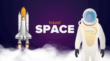 voyager dans l'espace. l'astronaute dans une combinaison de protection. bannière violette sur le thème du vol spatial. navette spatiale. combattant. le booster décolle. vecteur. vecteur