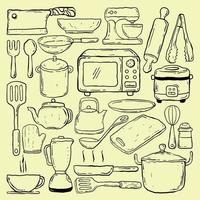 doodle d'ustensiles de cuisine dessinés à la main en noir et blanc, vecteur premium