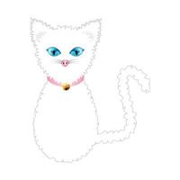 chat blanc aux yeux bleus et boule dorée au collier grelot rose. vecteur