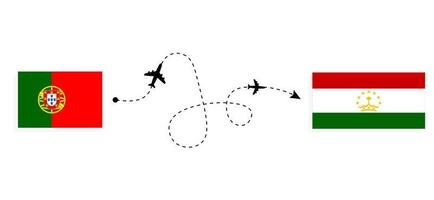 vol et voyage du portugal au tadjikistan par concept de voyage en avion de passagers vecteur