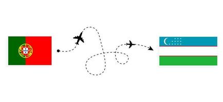 vol et voyage du portugal à l'ouzbékistan par concept de voyage en avion de passagers vecteur