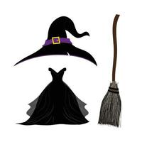 chapeau de sorcière. robe de sorcière gothique noire. balai de sorcière. ensemble de costumes d'halloween. vecteur