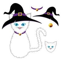 chat blanc aux yeux bleus. chapeau de sorcière, collier violet et cloche boule dorée. le jour d'Halloween. illustration vectorielle. vecteur