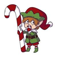 santa little helper elf mange des bonbons de noël. illustration de dessin animé de vecteur isolé sur fond blanc. caractère de bonne année. petit garçon en costume de lutin.