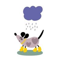 chien heureux dessiné à la main en bottes jaunes marchant sous la pluie. vecteur