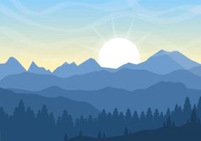 paysage du lever du soleil des montagnes de la scène du matin, de la colline, du lac et de la vallée dans une nature plate pour une affiche, une bannière ou une illustration d'arrière-plan vecteur