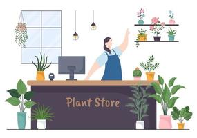 magasin de fleurs et magasin de plantes avec soin des fleuristes, produits naturels biologiques pour la décoration verte du jardin à la maison en illustration vectorielle de fond plat vecteur