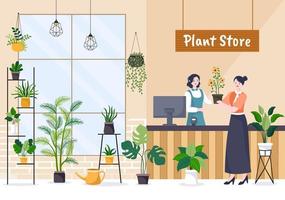 magasin de fleurs et magasin de plantes avec soin des fleuristes, produits naturels biologiques pour la décoration verte du jardin à la maison en illustration vectorielle de fond plat vecteur