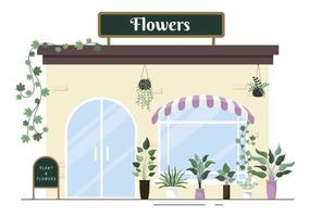 magasin de fleurs et magasin de plantes avec soin des fleuristes, produits naturels biologiques pour la décoration verte du jardin à la maison en illustration vectorielle de fond plat vecteur