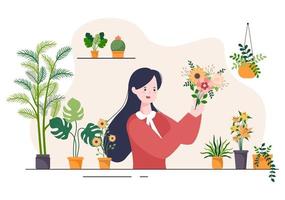 magasin de fleurs et magasin de plantes avec soin des fleuristes, produits naturels biologiques pour la décoration verte du jardin à la maison en illustration vectorielle de fond plat vecteur